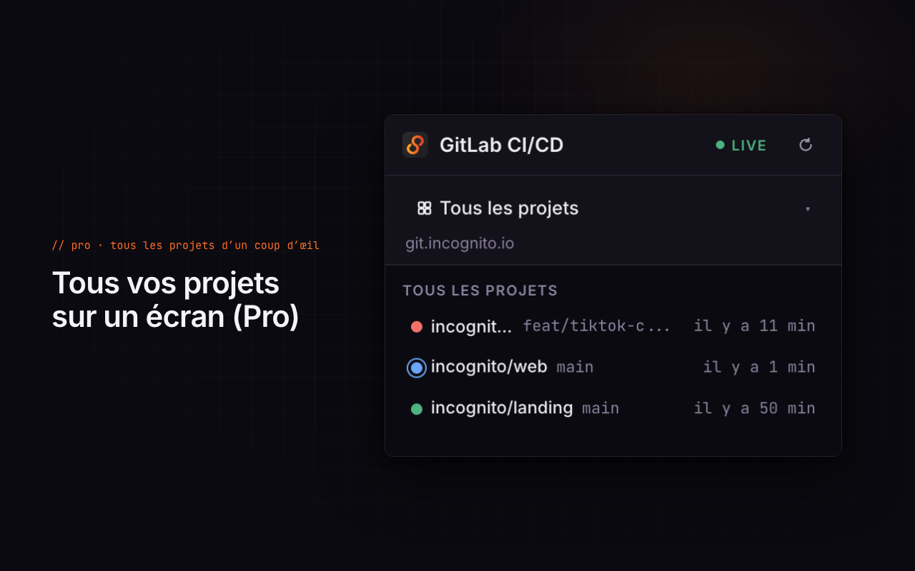 Vue cross-projets : tous les pipelines suivis sur un écran.