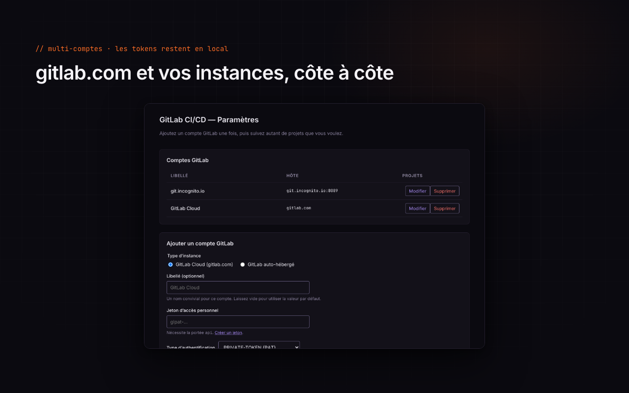 Page d'options : comptes GitLab et projets suivis.