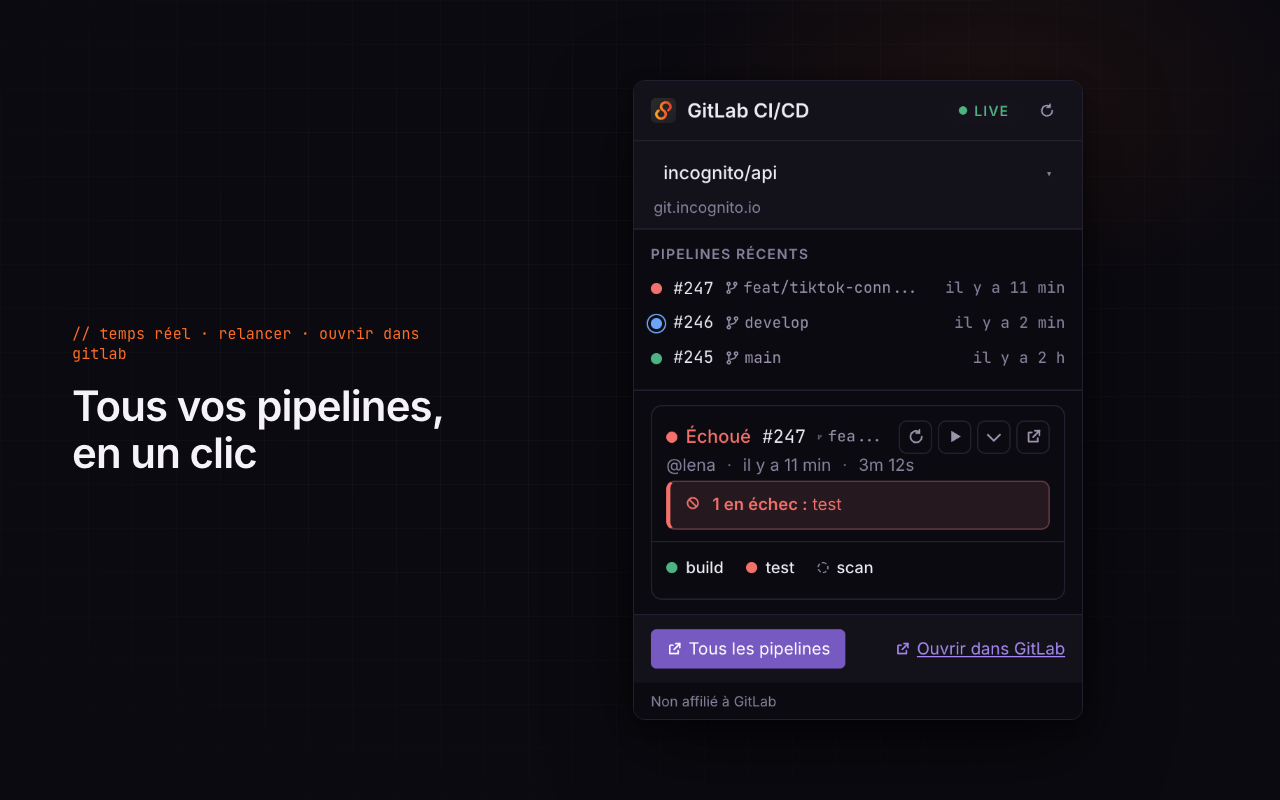 Popup de l'extension : statut du pipeline en direct, jobs et actions.